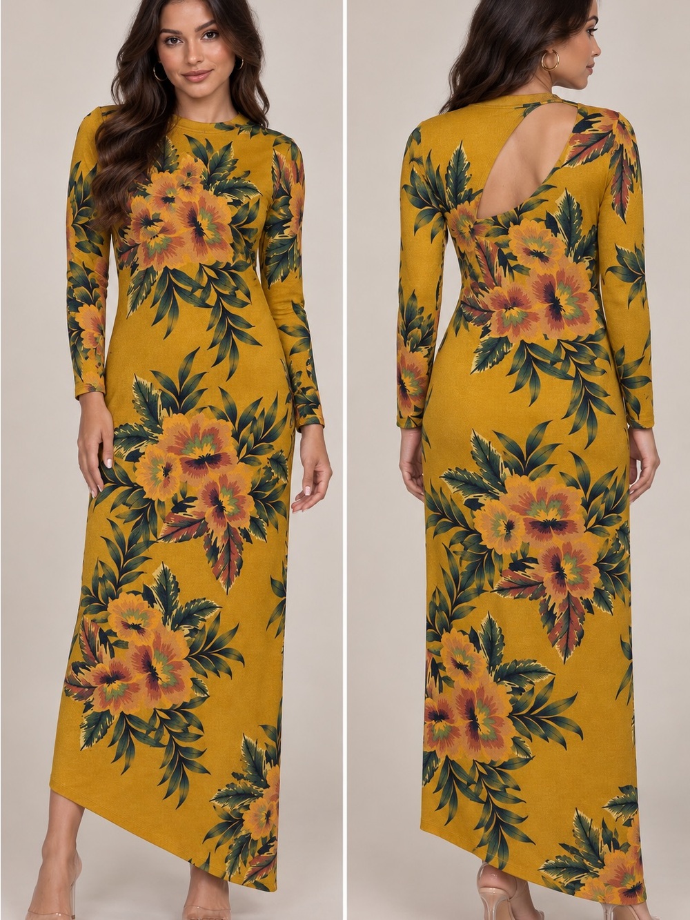 Zara Trafaluc S Mustard Floral Maxi Dress Long Sleeve Open Back Asymmetrica